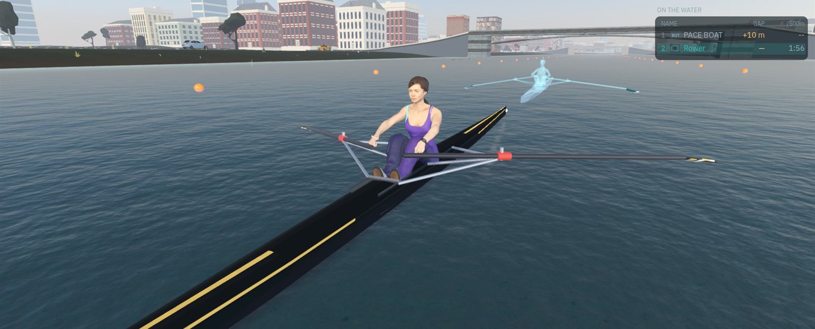 A single scull on the river through Emerald City, a pace boat alongside and the city skyline behind