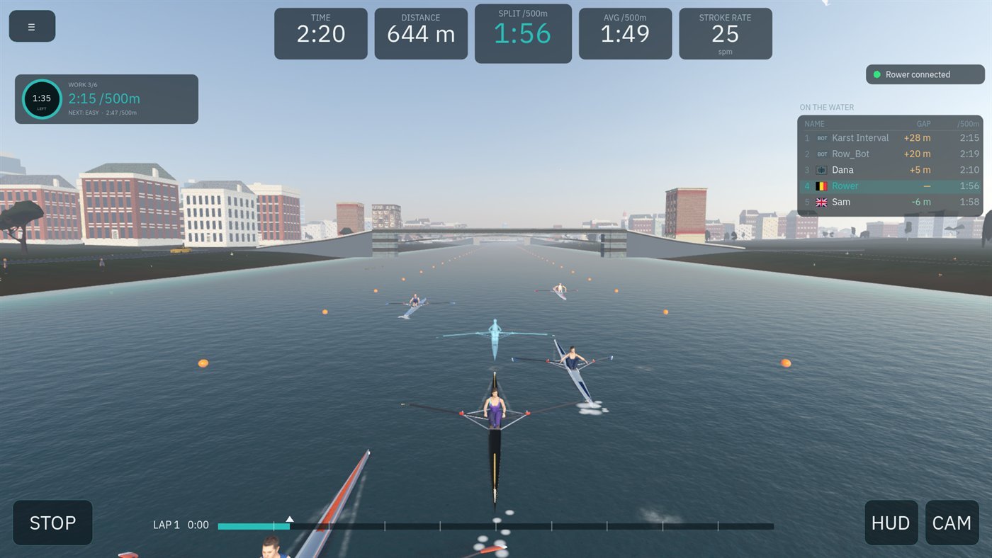 Rowing alongside other people online, with the nearby rowers panel showing gaps and splits