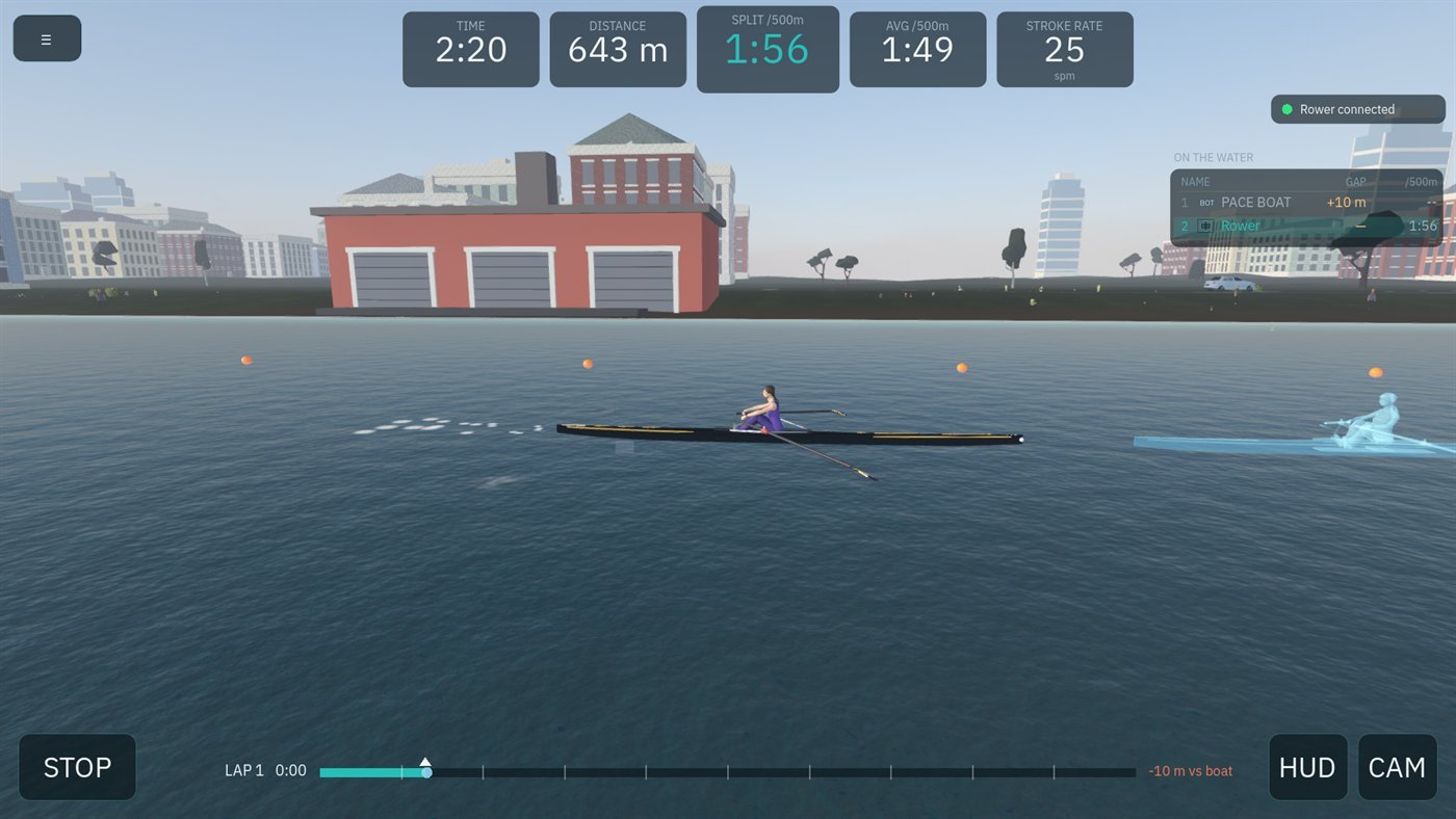 A single scull running past the boathouses on Emerald City